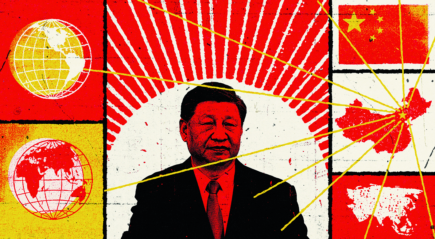 Illustration med Kinas president Xi Jinping i mitten