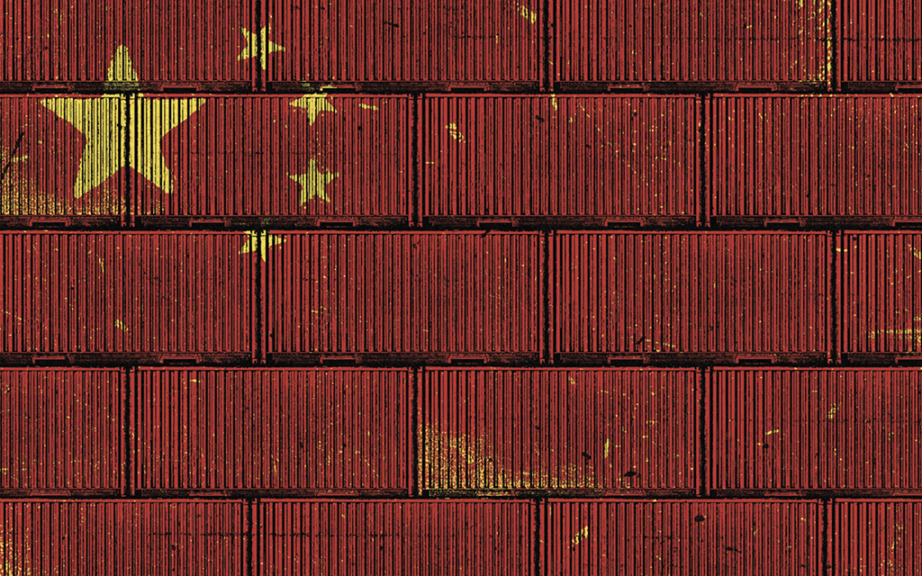 Illustration med mängder av containrar som tillsammans bildar mönstret på Kinas flagga