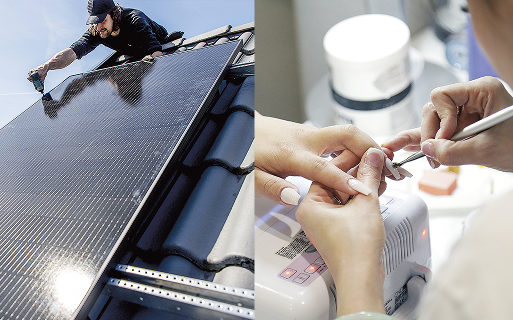Genrebilder av två personer som arbetar med installation av solceller respektive som nagelteknolog.