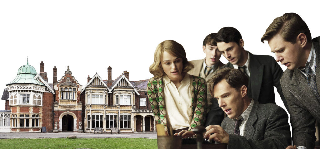 Bild föreställande godset Bletchley Park och en scen ur filmen The Imitation Game.