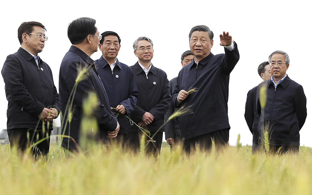 Xi Jinping står tillsammans med flera andra på en åker och gestikulerar mot något som är bakom fotografen.