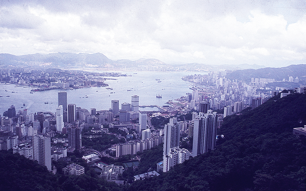 Flygbild över Honkongs skyline 1989.